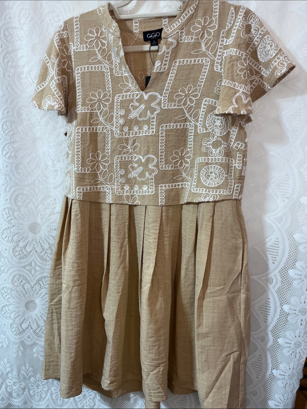 GiGio Tan Midi Dress with White Embroidered Pattern NWT S